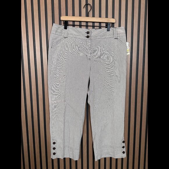 New Charter Club Pants 14 Womens Gray Striped Button Hem Trim Cocoa Bean - Picture 1 of 12